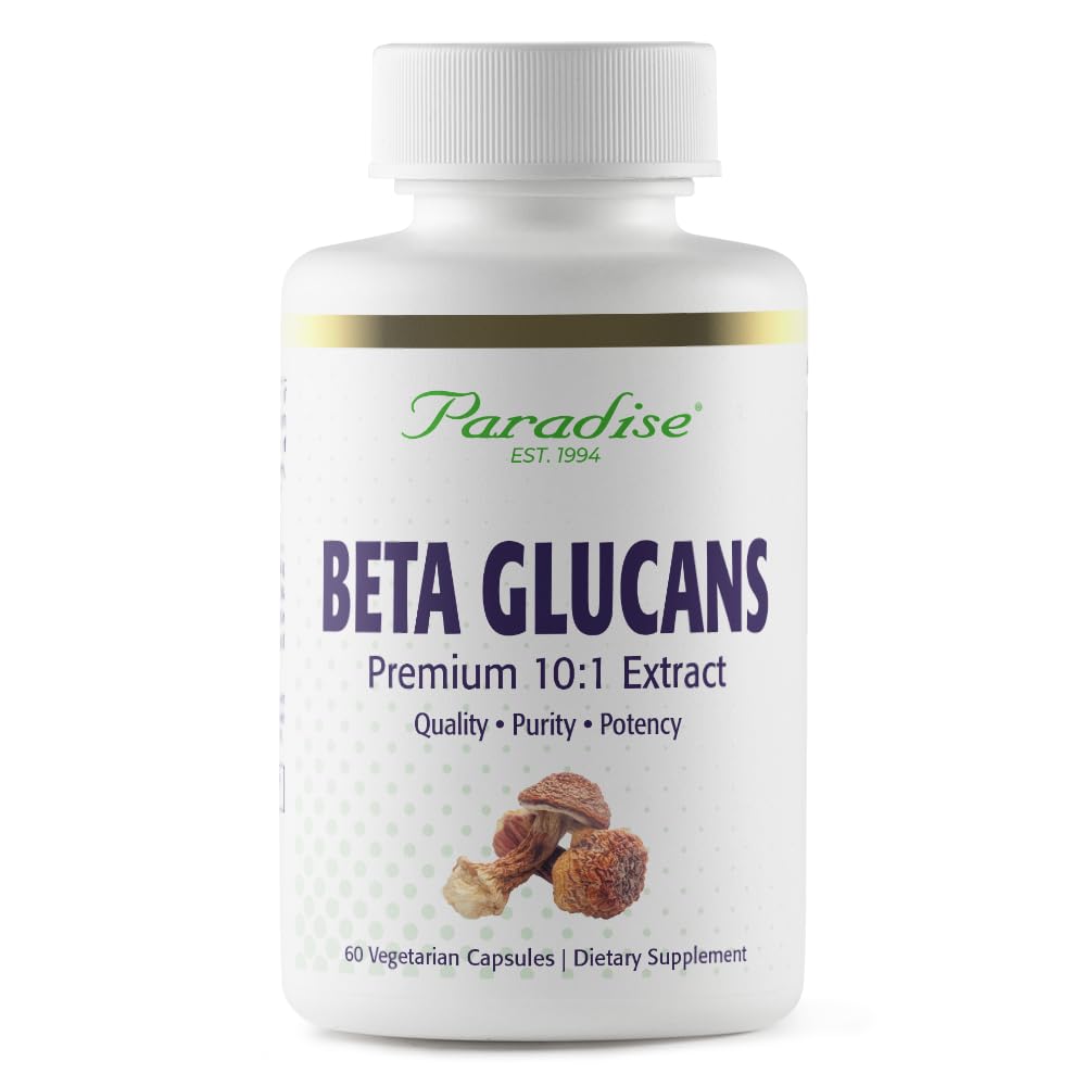 Paradise Herbs Beta Glucans bottle featuring Agaricus mushrooms illustration