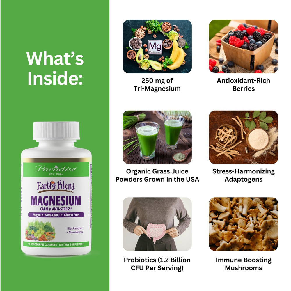 Box and bottle of Paradise Herbs Earth's Blend Magnesium Supplement