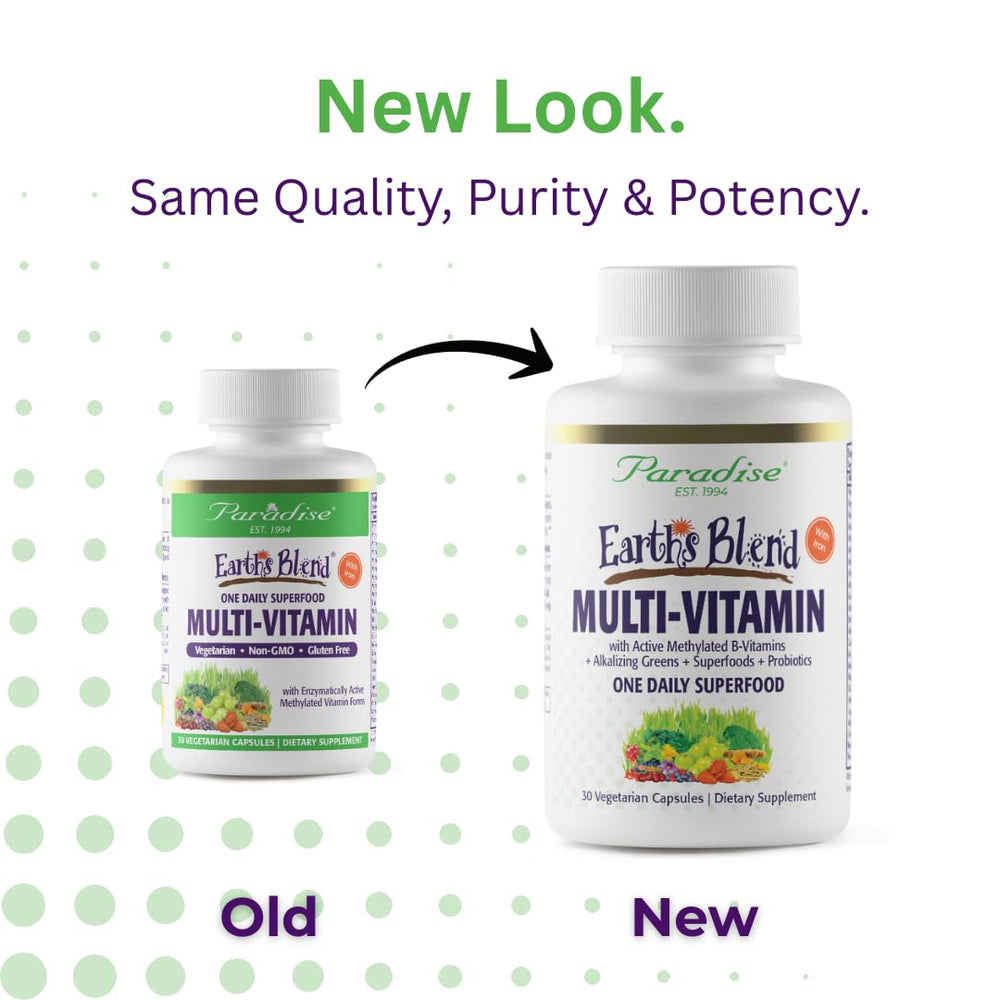 Front view of ingredients and multivitamin for Earth's Blend