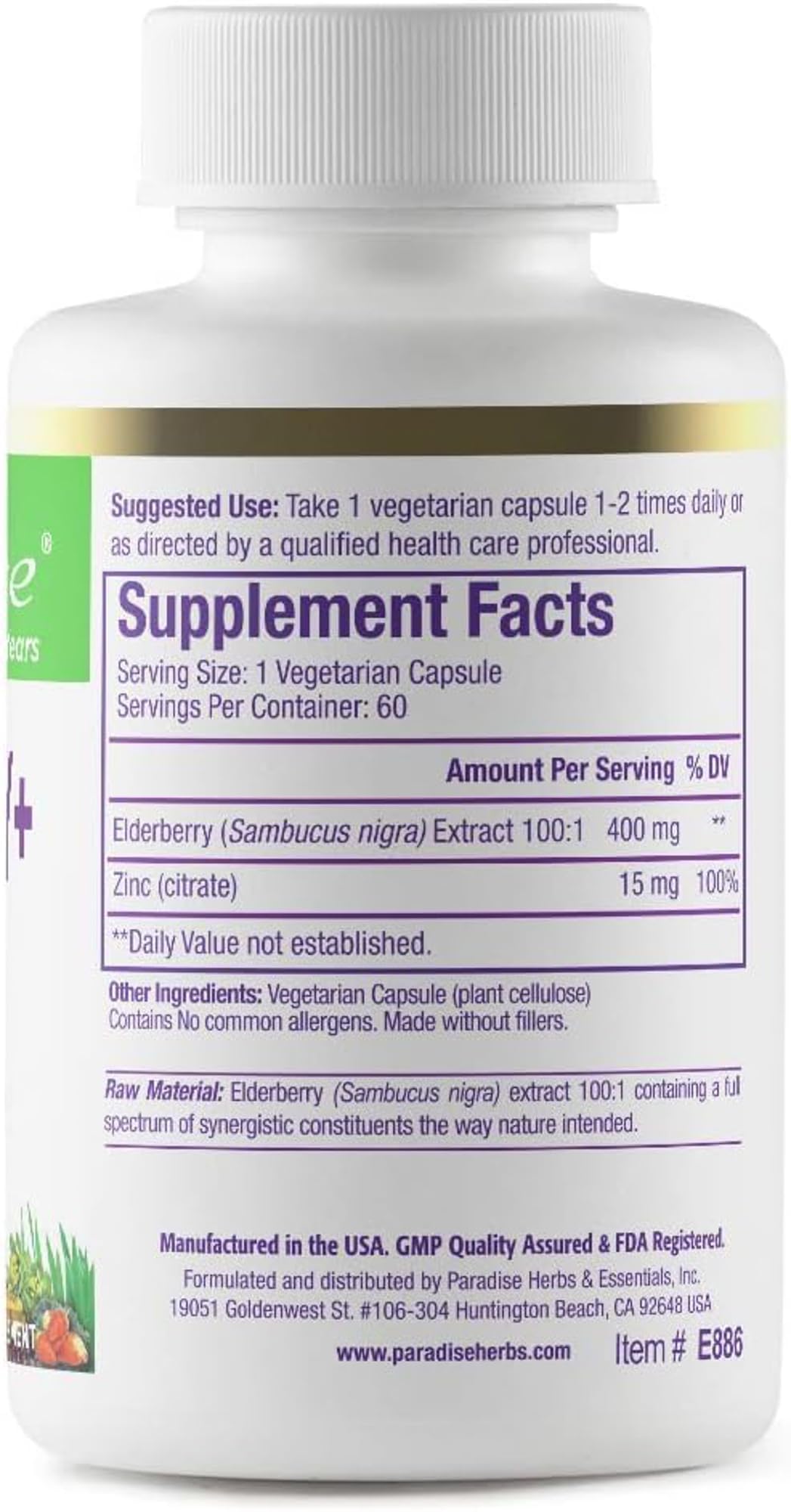 Close-up of Paradise Herbs Elderberry with Zinc Extract capsules and bottle