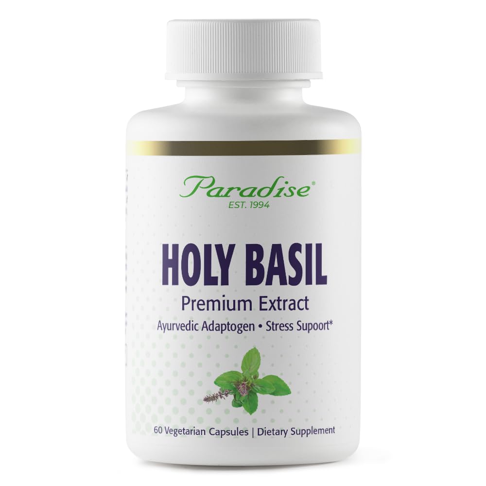 Paradise Herbs Organic Holy Basil Supplement bottle with 60 vegetarian capsules