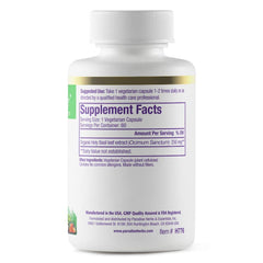 Close up of Holy Basil full spectrum extract capsules showing vegan non GMO gluten free formula