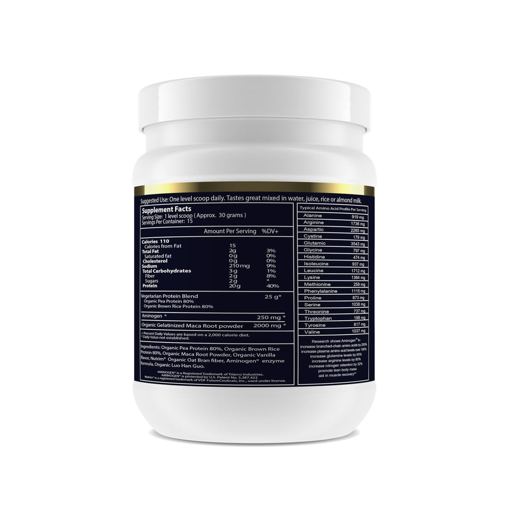 Paradise Herbs Maca Up vanilla protein bottle for daily vegan energy