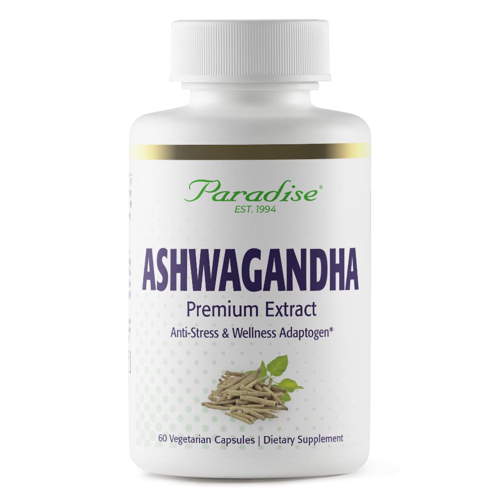 Paradise Herbs Organic Ashwagandha bottle and 60 vegetarian capsules