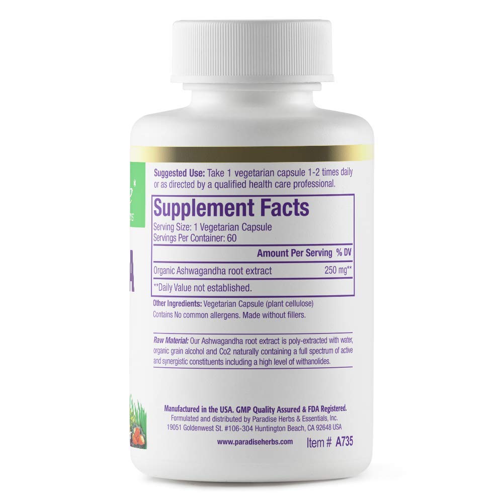 Close-up of Ashwagandha capsules with vegan, non-GMO, gluten-free labeling