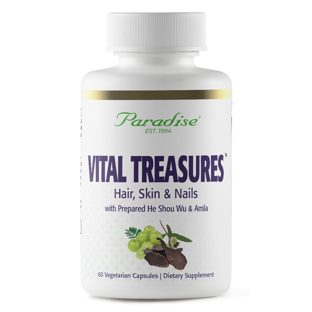 Paradise Herbs Vital Treasures bottle and capsules – front view