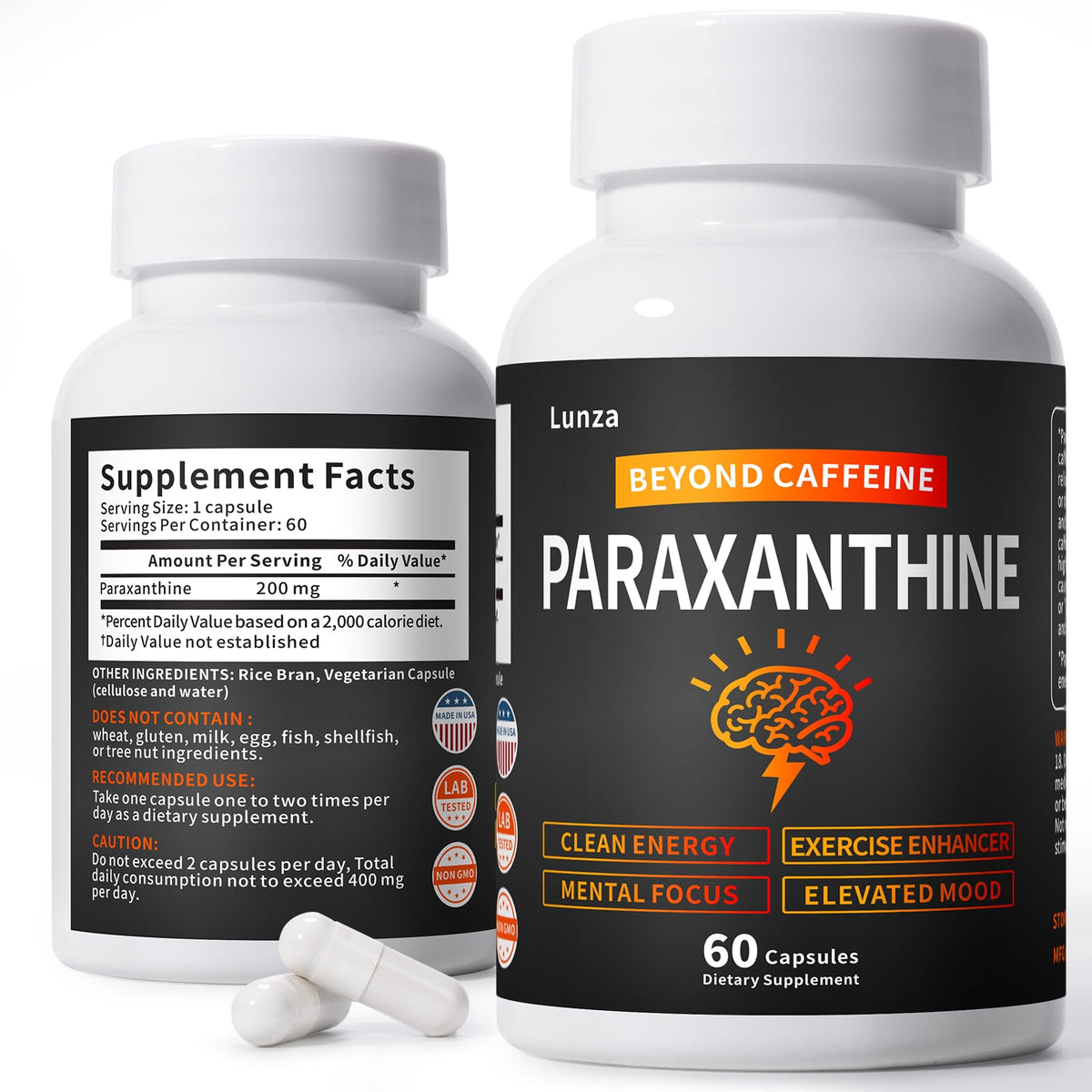 Paraxanthine supplement bottle with 60 capsules for clean, crash-free energy