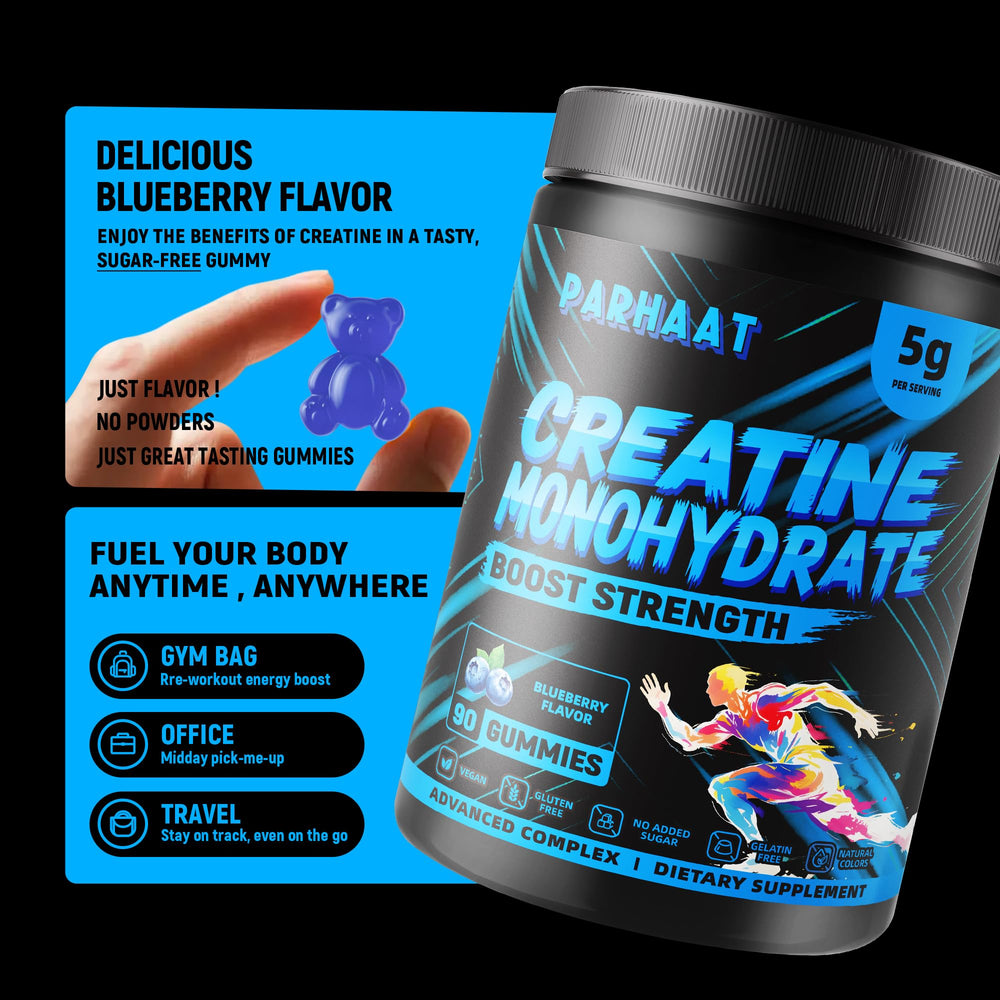 Parhaat creatine monohydrate gummies blueberry bottle back highlights label with quality cues.