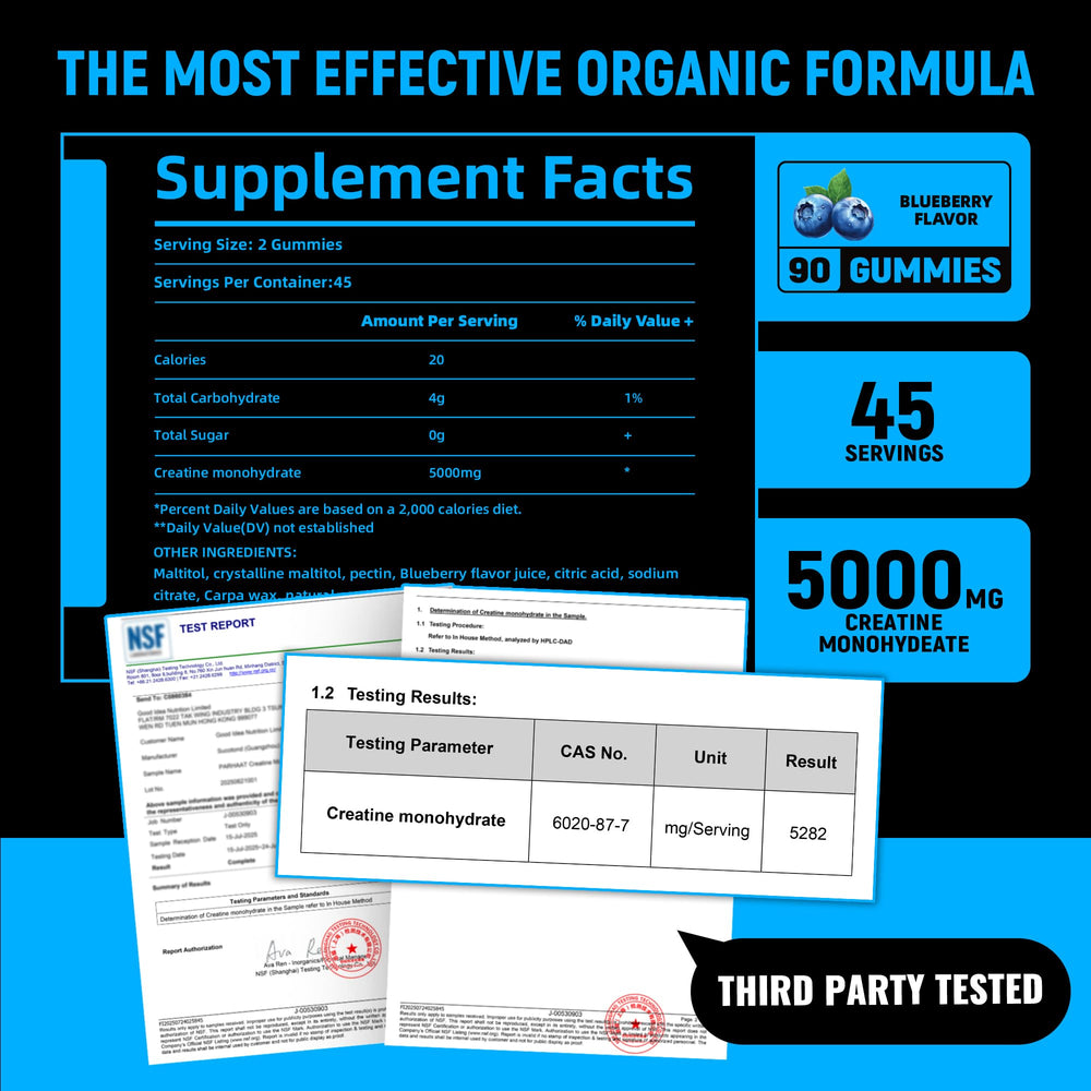 Parhaat creatine monohydrate gummies pack shot emphasizes vegan gluten-free formulation.