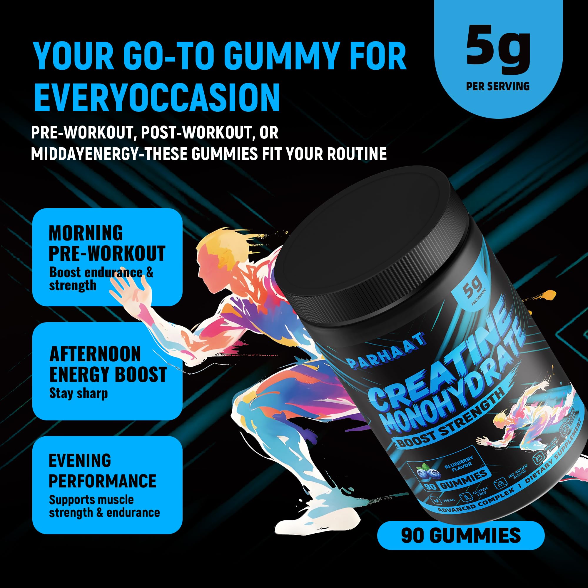 Parhaat creatine monohydrate gummies pouring into hand shows easy dosing.