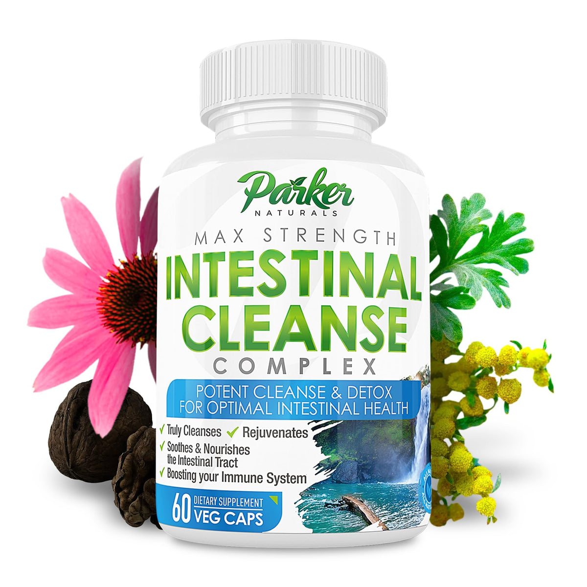 Parker Naturals Intestinal Cleanse bottle label and capsules