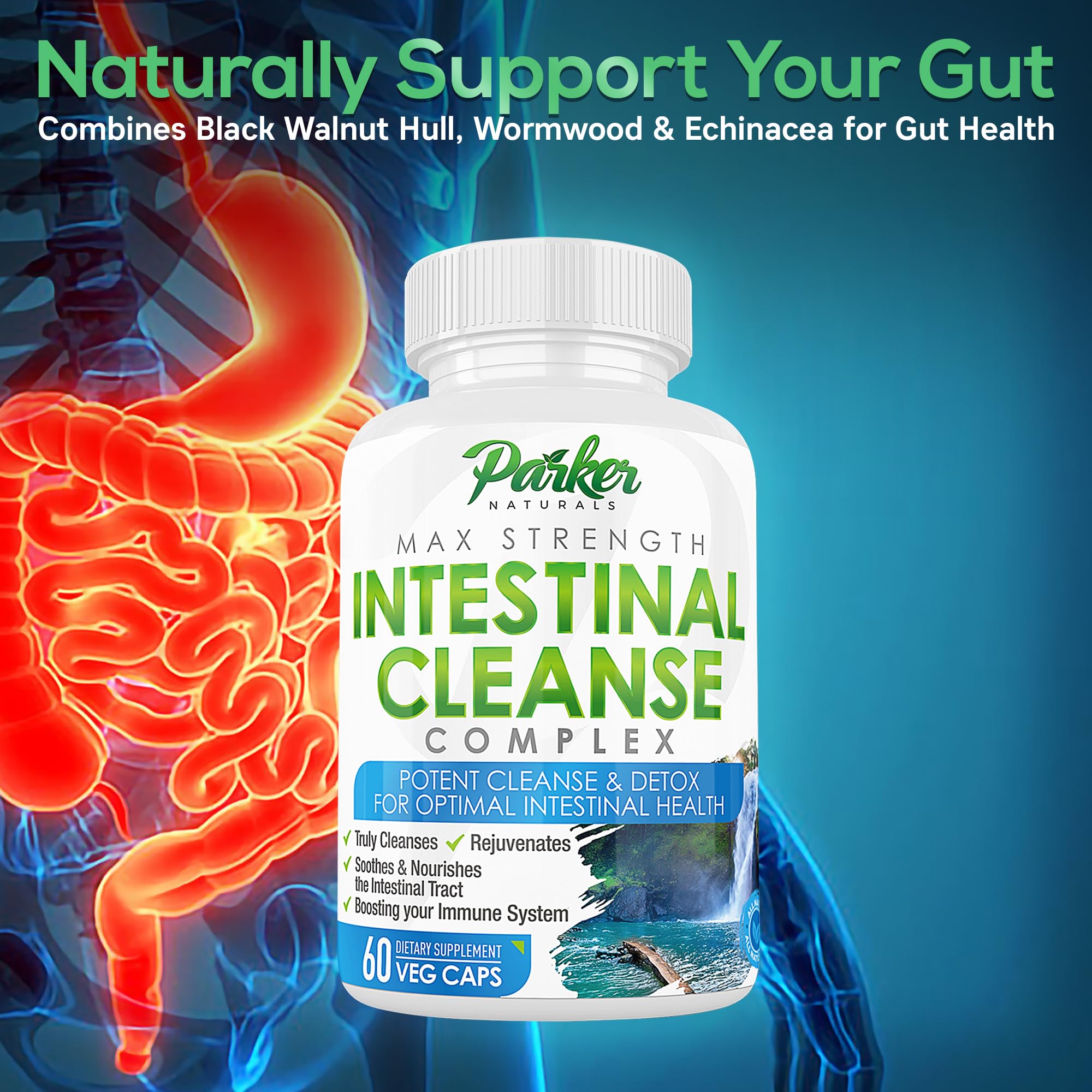 Close-up view of Parker Naturals Intestinal Cleanse capsules