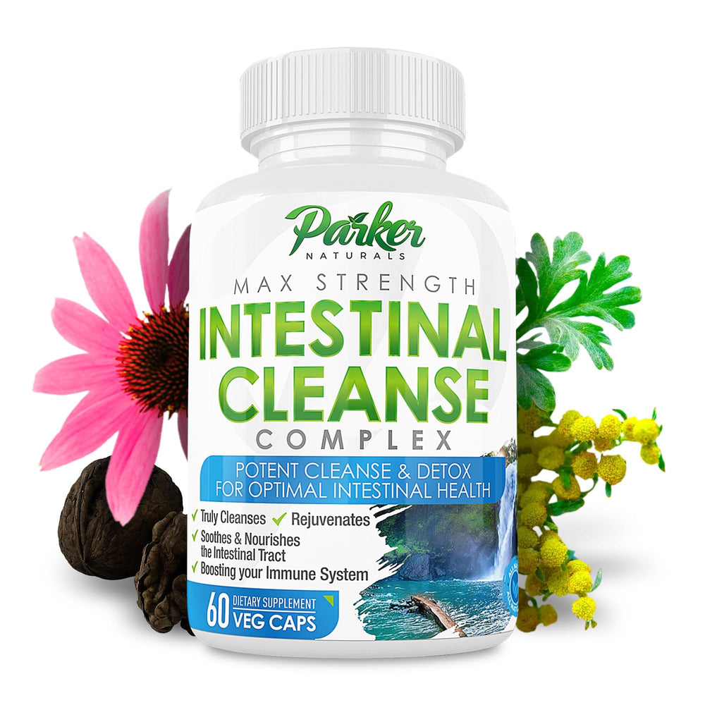 Parker Naturals Intestinal Cleanse bottle front view showing daily capsules.