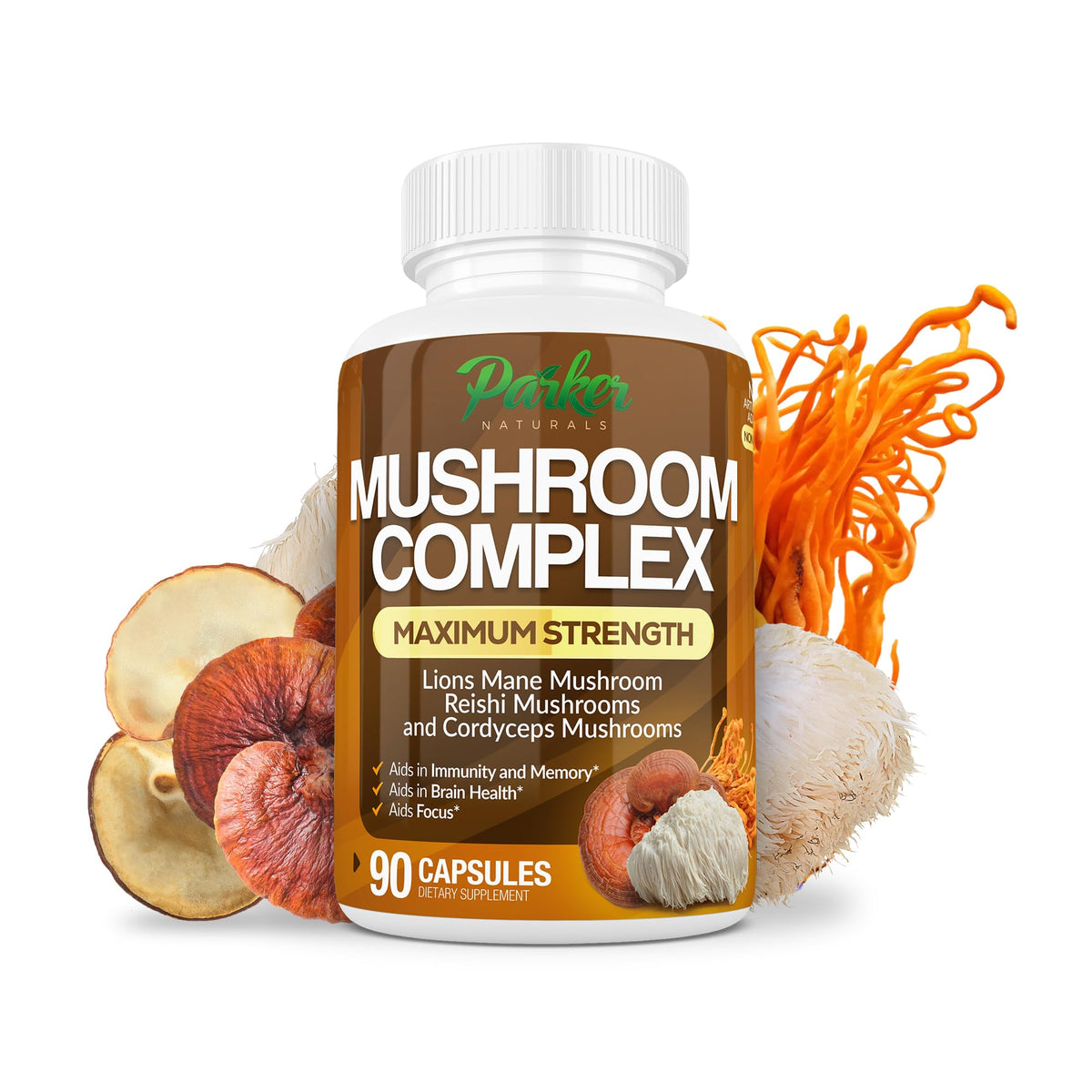 Parker Naturals Mushroom Complex Capsules bottle with Lion's Mane, Cordyceps and Reishi
