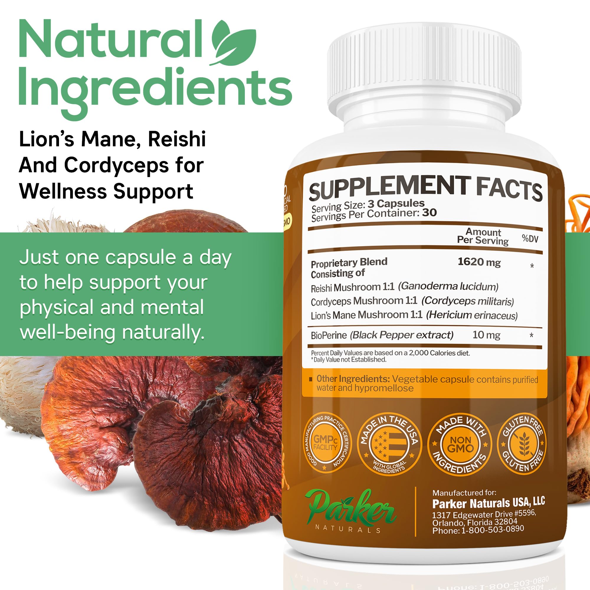 90-count Parker Naturals Mushroom Complex packaging and bottles