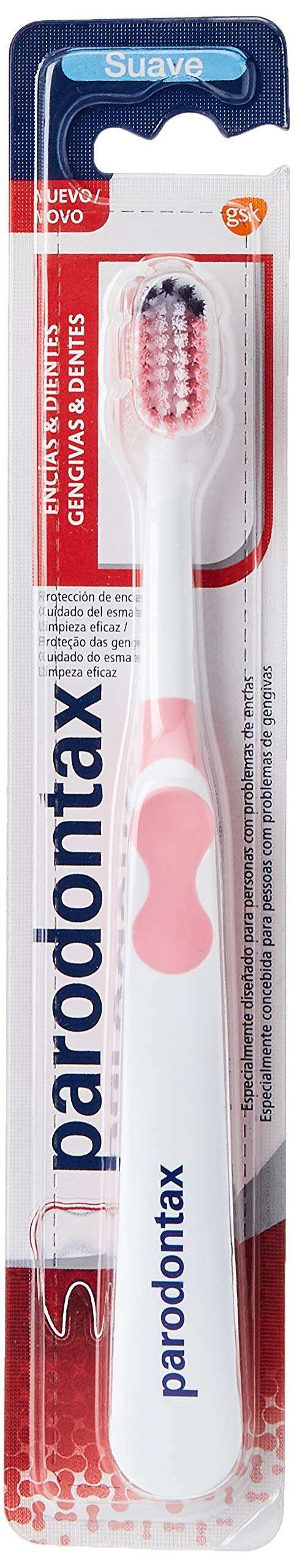 Parodontax soft toothbrush with small head and two-length bristles
