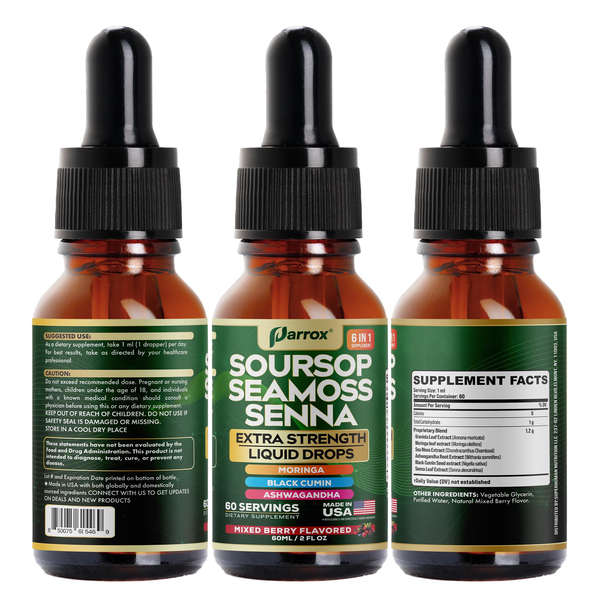 60 servings per bottle label on Parrox drops