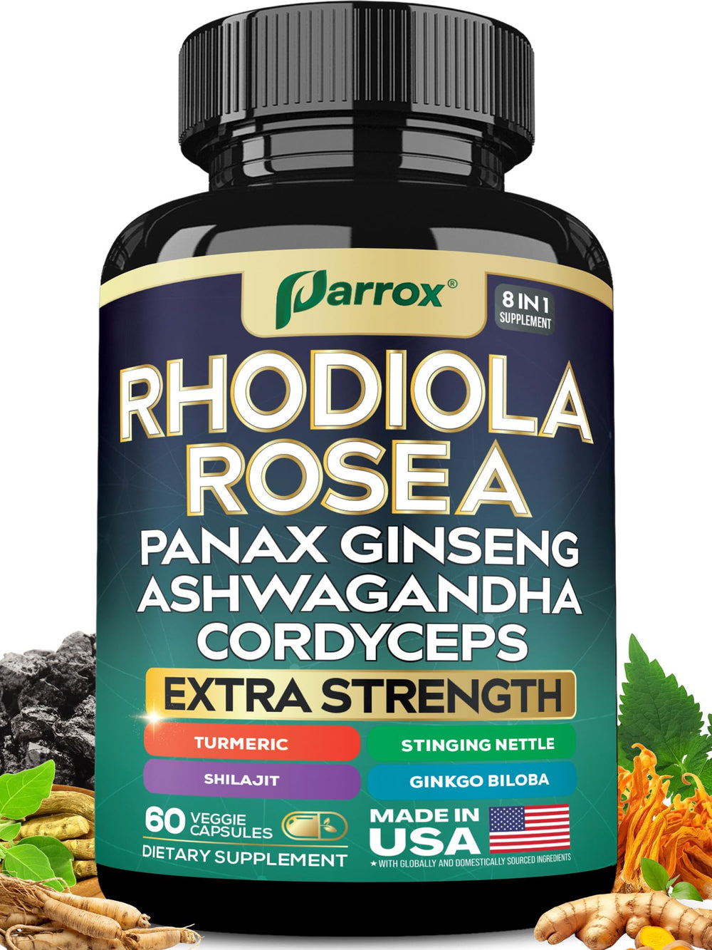 Parrox 8-in-1 Adaptogen Blend bottle and capsules