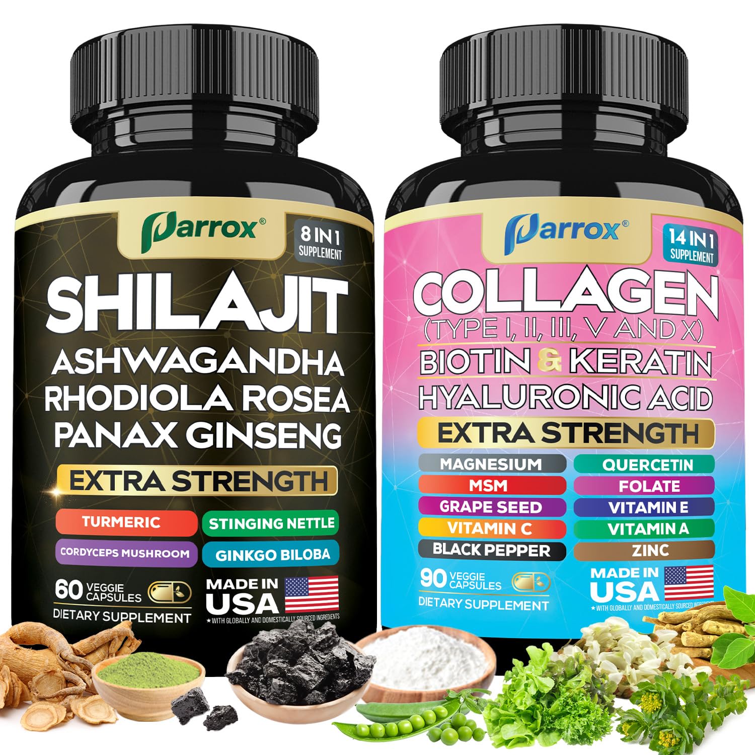 Parrox Adaptogen & Beauty Bundle bottles displaying the 2-in-1 collagen and adaptogenic capsules