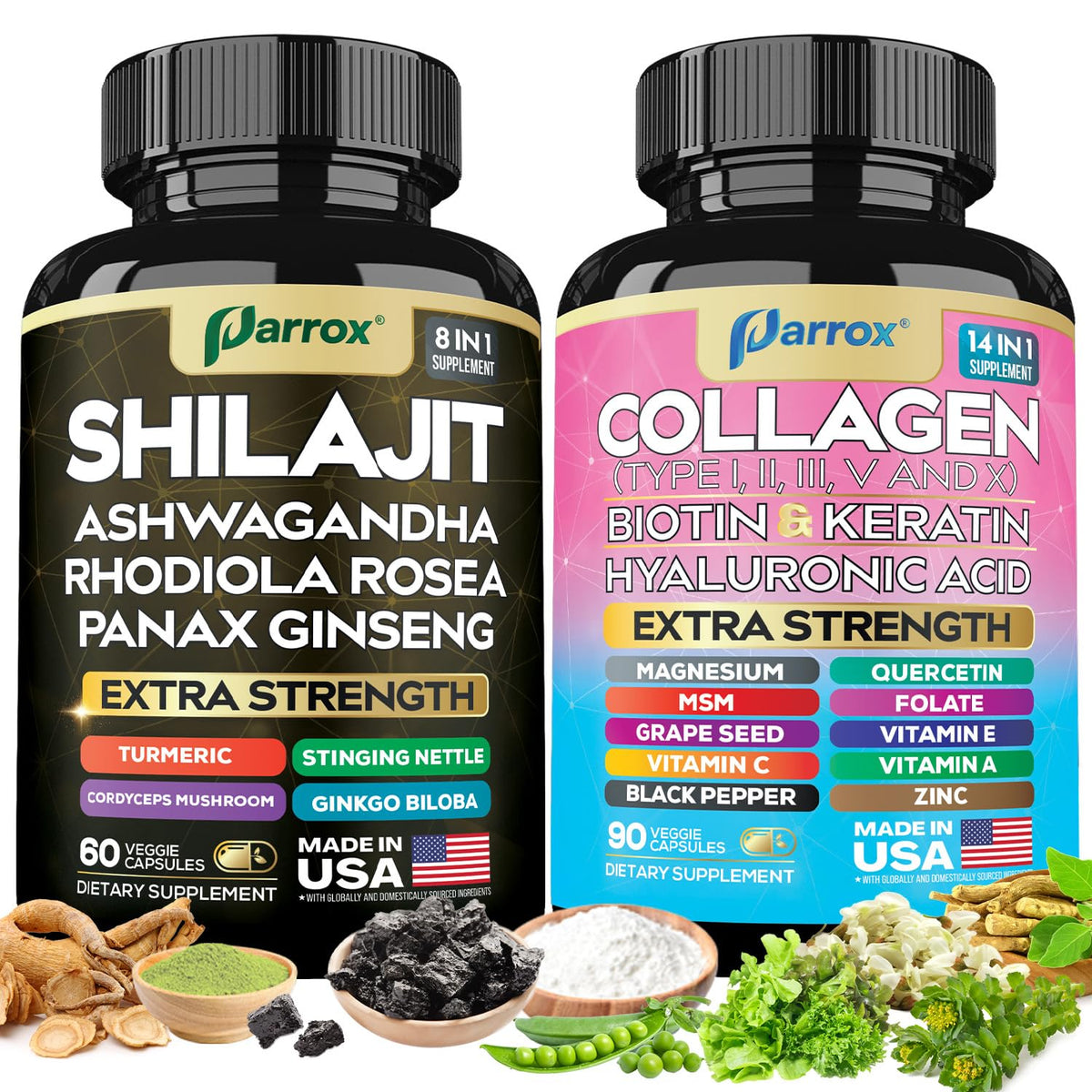 Parrox Adaptogen & Beauty Bundle bottles displaying the 2-in-1 collagen and adaptogenic capsules