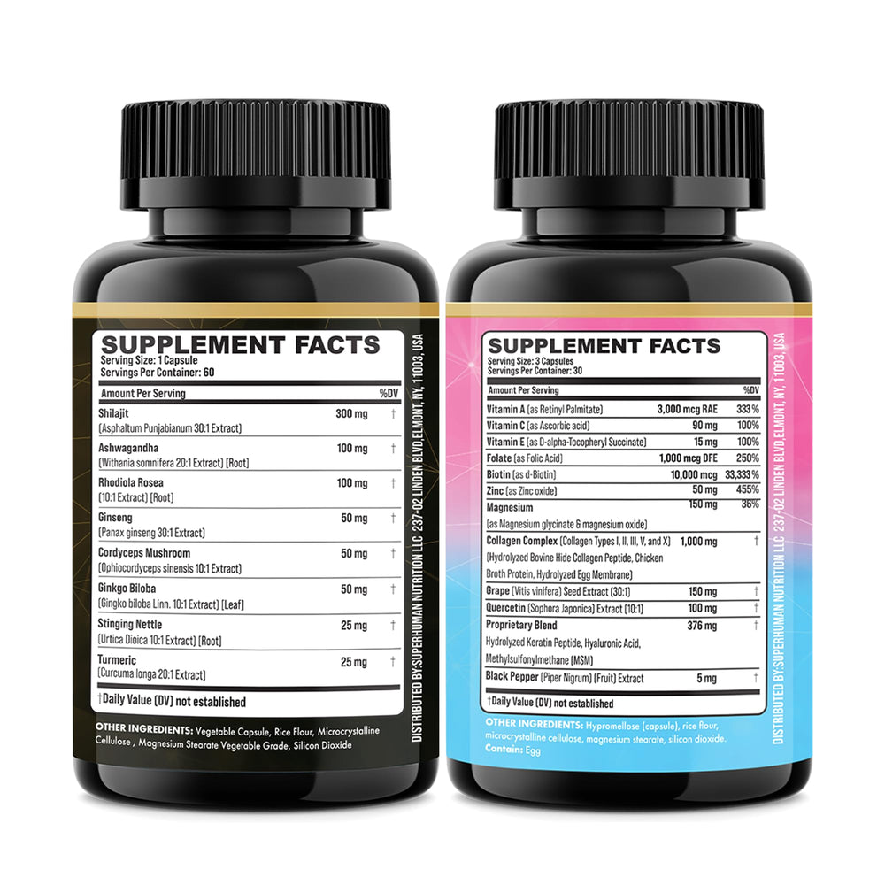 Ingredient lineup including Rhodiola, Panax Ginseng, Ashwagandha, Collagen, Biotin, Keratin, MSM, Hyaluronic Acid, Zinc, Quercetin, Vitamin C, Vitamins A & E, Folate, Magnesium