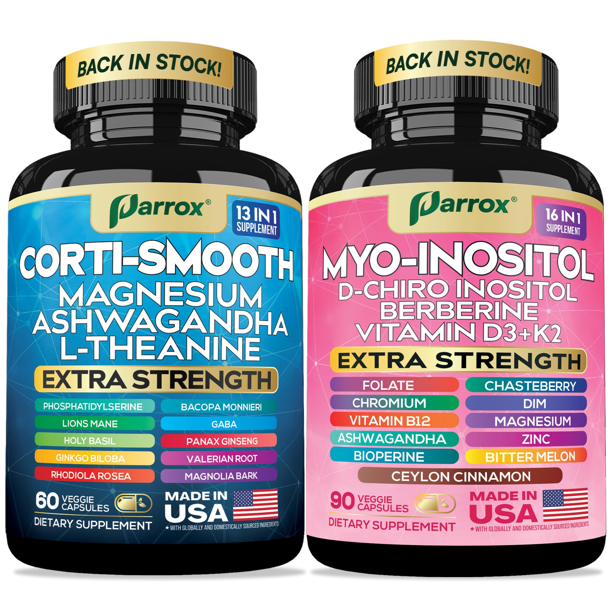 Front view of Parrox cortisol & myo-inositol bundle bottles