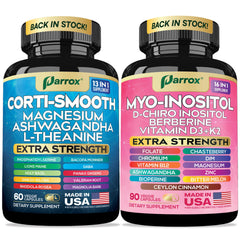 Front view of Parrox cortisol & myo-inositol bundle bottles