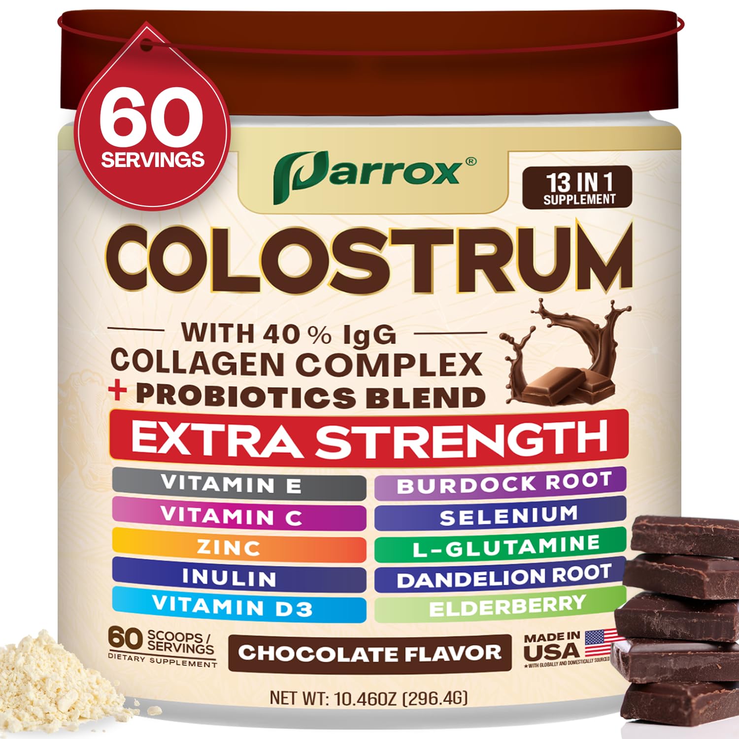 Parrox Colostrum Powder Chocolate flavor packaging - front