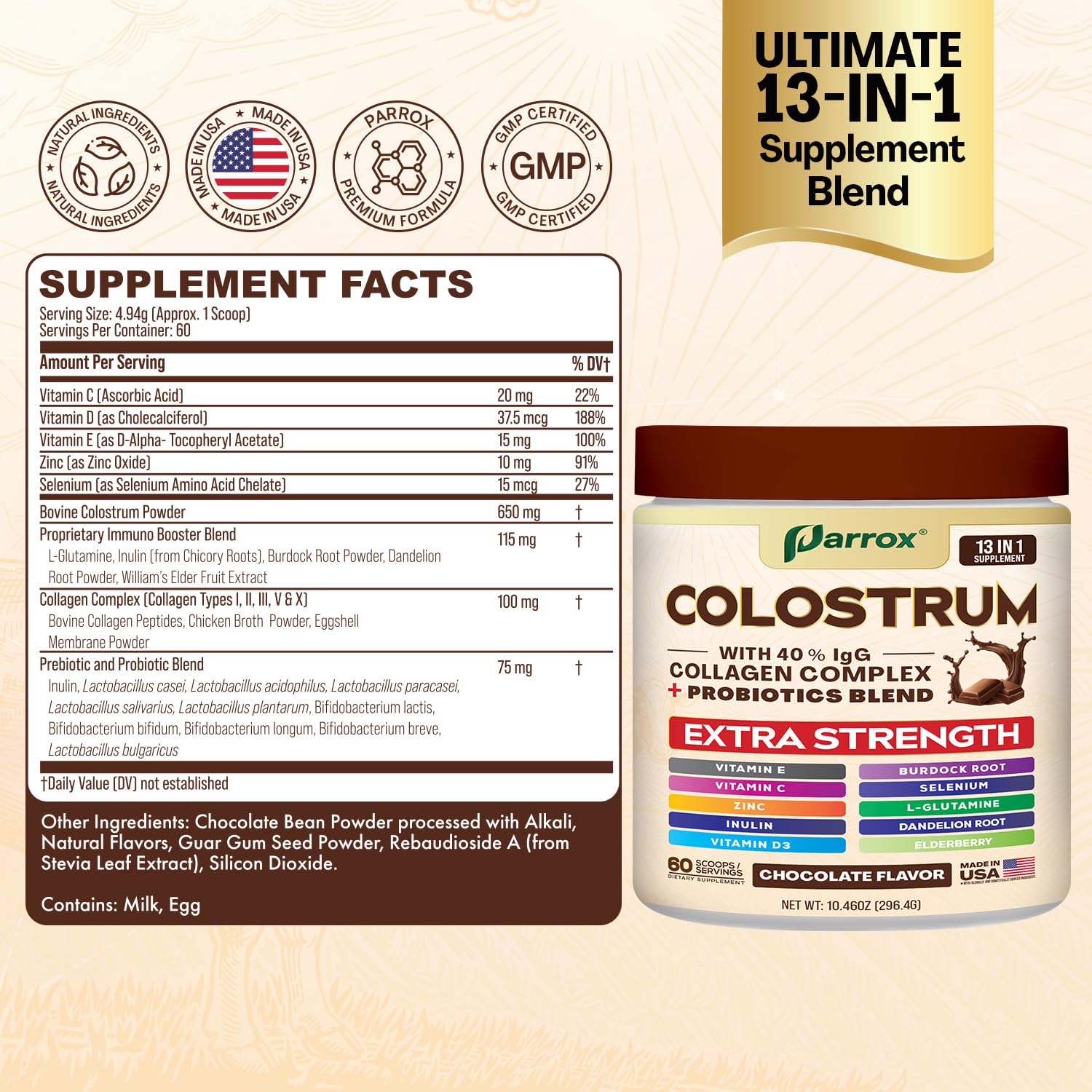 Parrox Colostrum Powder Chocolate flavor - ingredients panel
