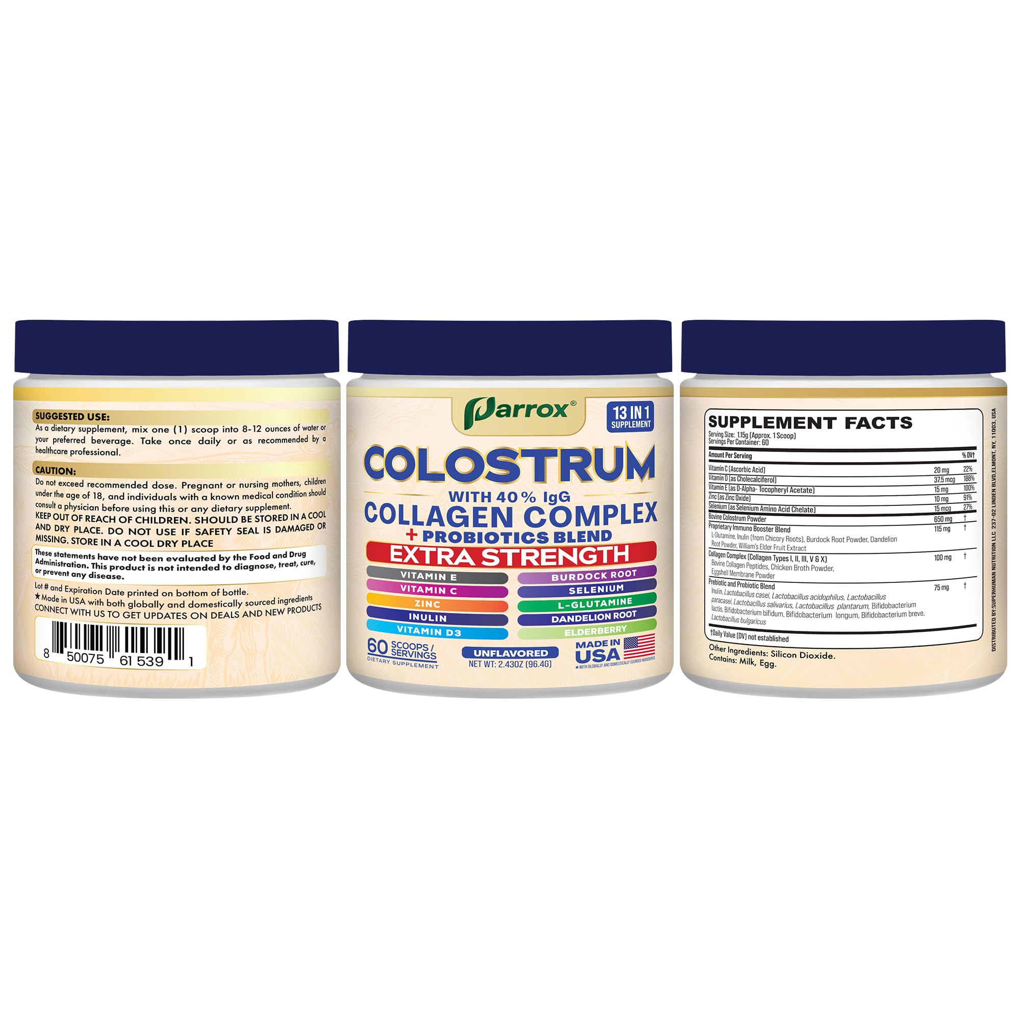 Parrox Colostrum Powder serving information and benefits infographic