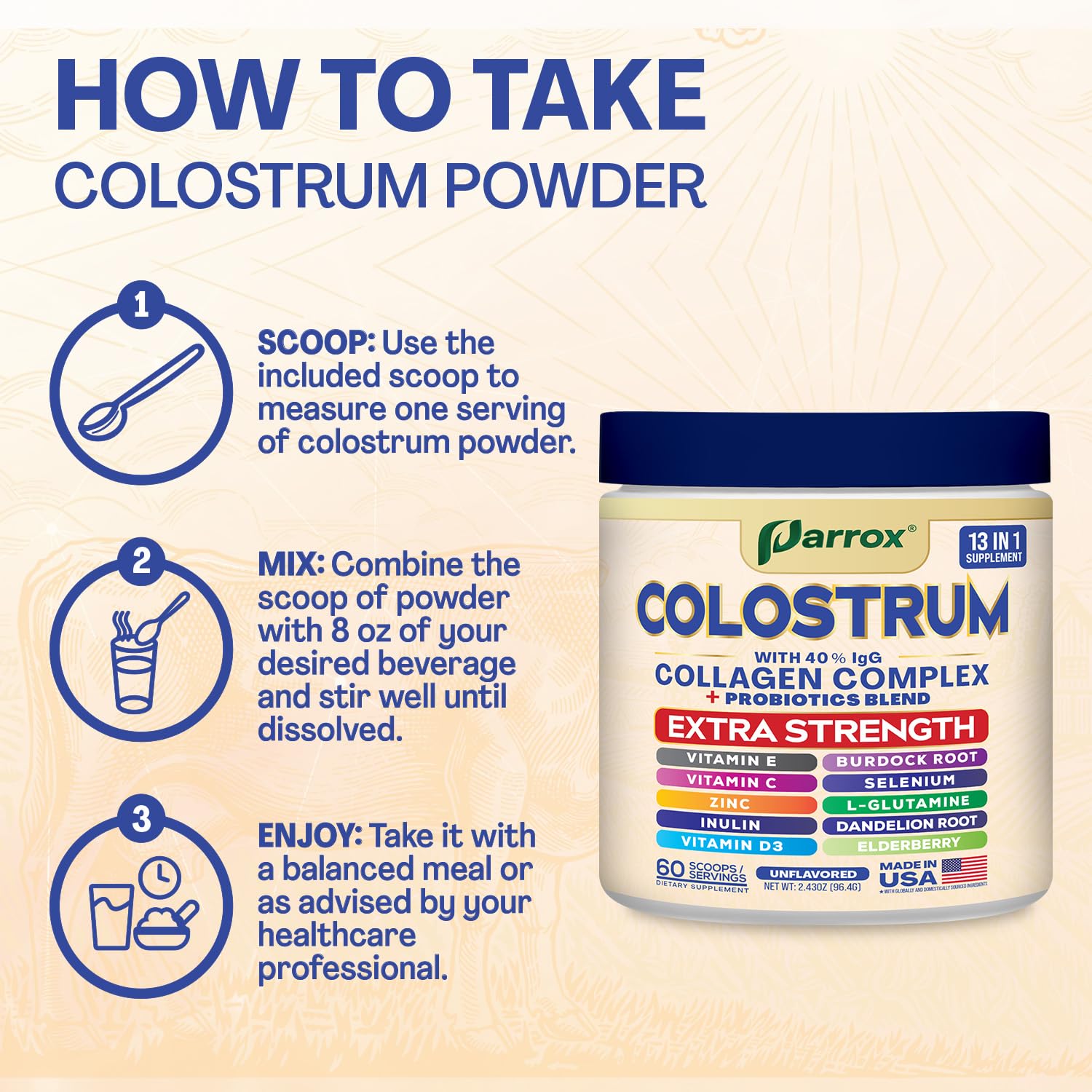 Made in USA Parrox Colostrum Powder packaging