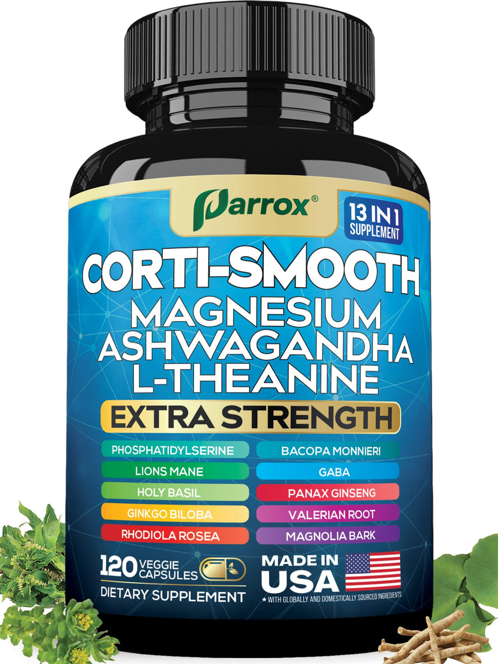 Bottle of Parrox Corti-Smooth Cortisol Support supplement with label