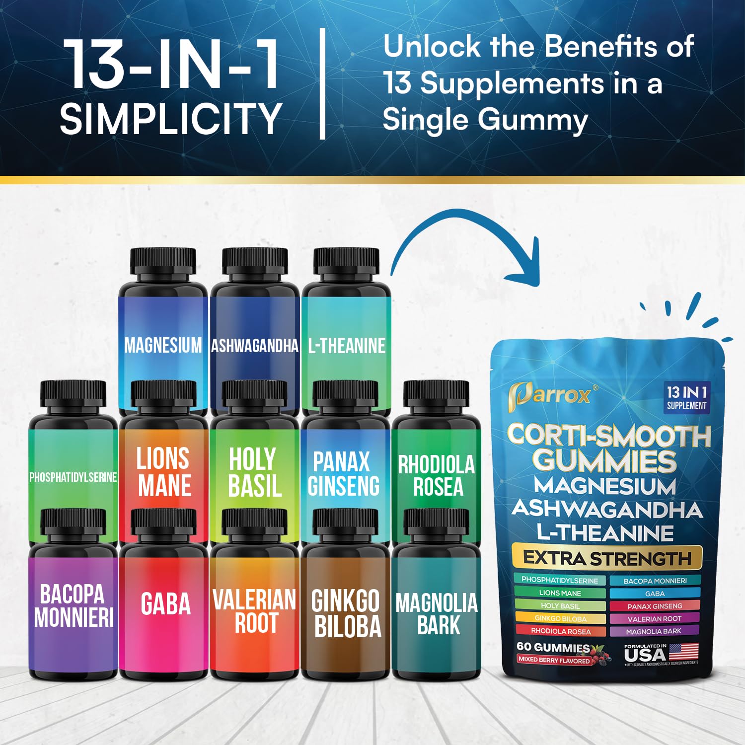 Illustration of Magnesium Glycinate, Ashwagandha, and L-Theanine ingredients