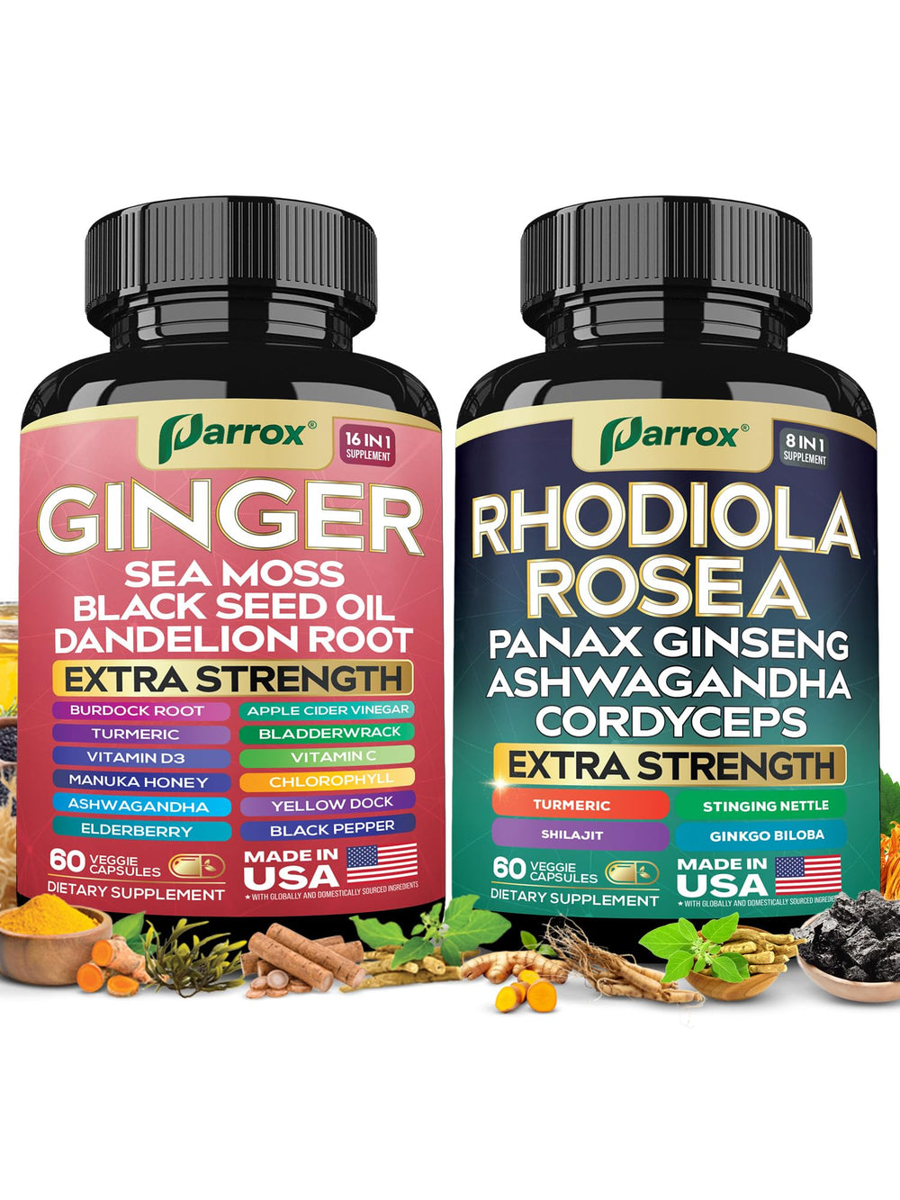 Parrox Dynamic Duo Herbal Bundle front packaging showing Ginger & Rhodiola bottles