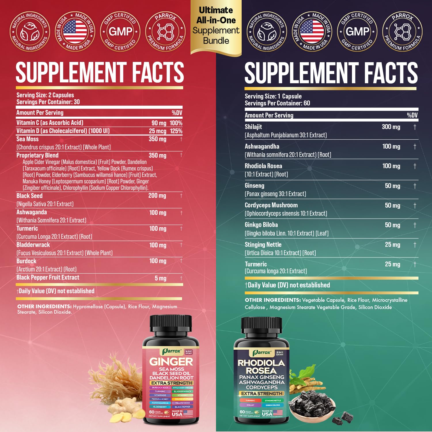 Ginger and Rhodiola bundle bottles close-up