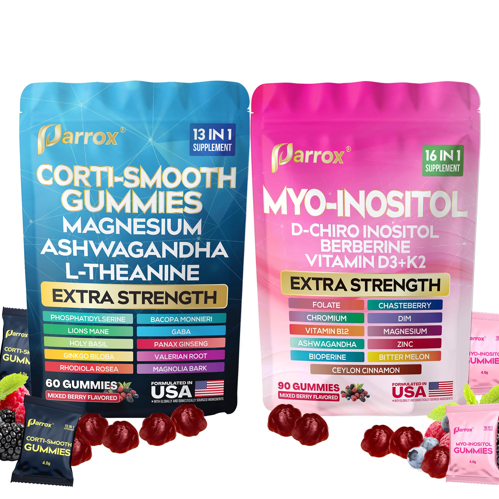 Parrox front packaging showing cortisol and myo-inositol gummies for convenience