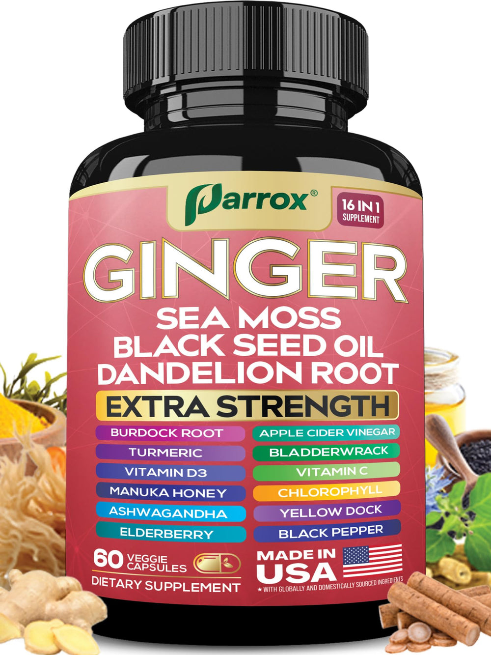 Parrox Ginger 16-in-1 formula bottle and capsules