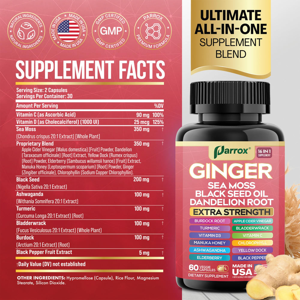 Close-up of Parrox Ginger 16-in-1 ingredients label showing Ginger, Black Seed Oil, and Ashwagandha