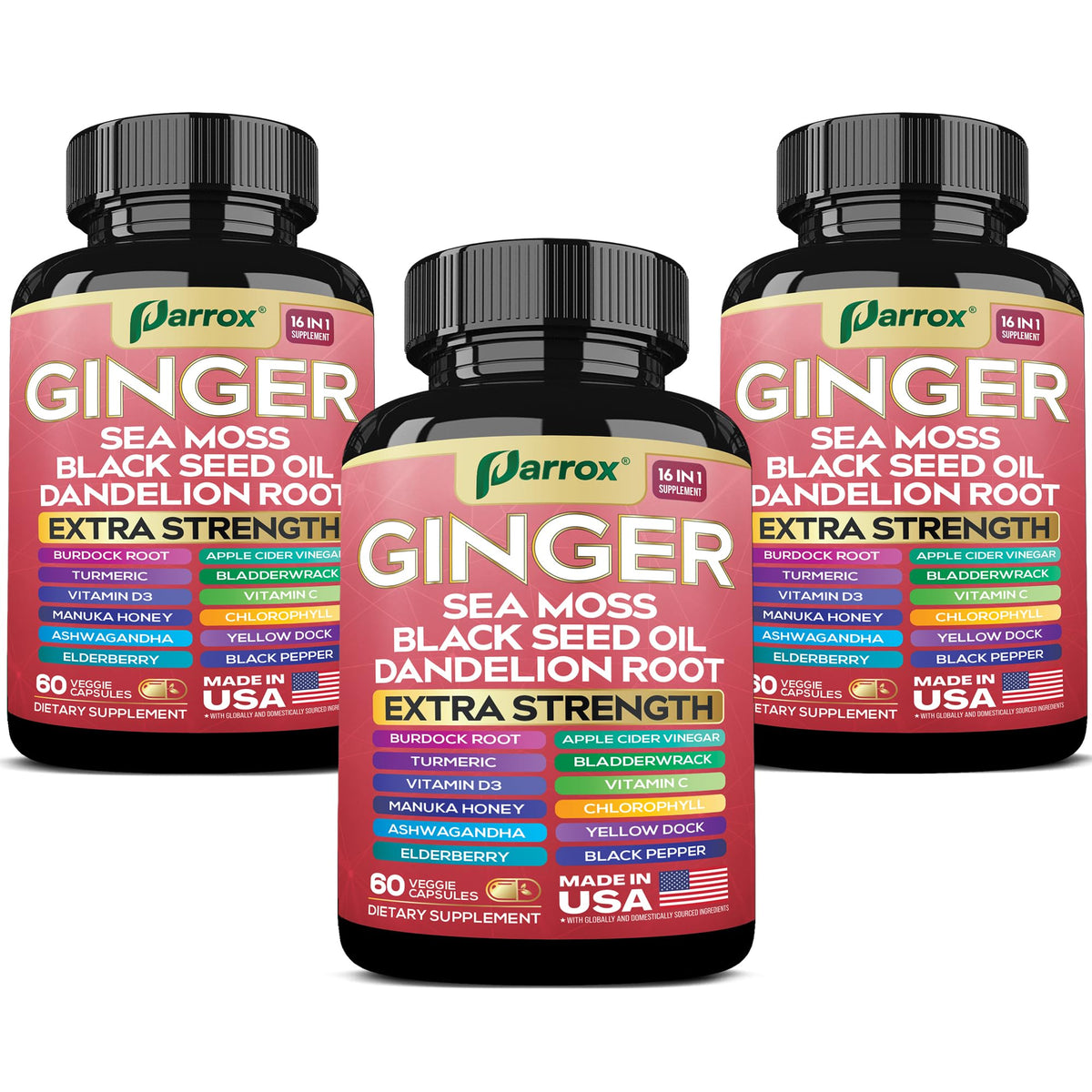 Bottle of Parrox Ginger 16-in-1 formula with label