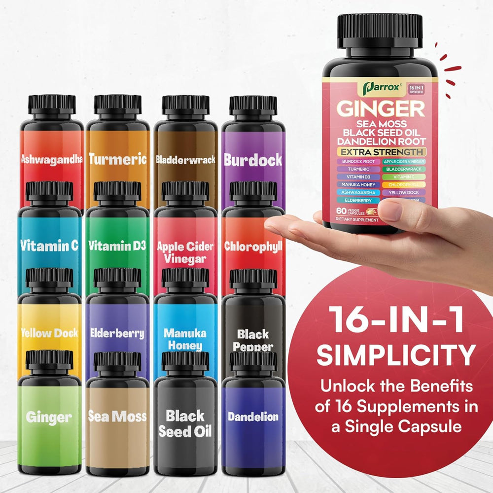 Two capsules of Parrox Ginger 16-in-1 daily formula