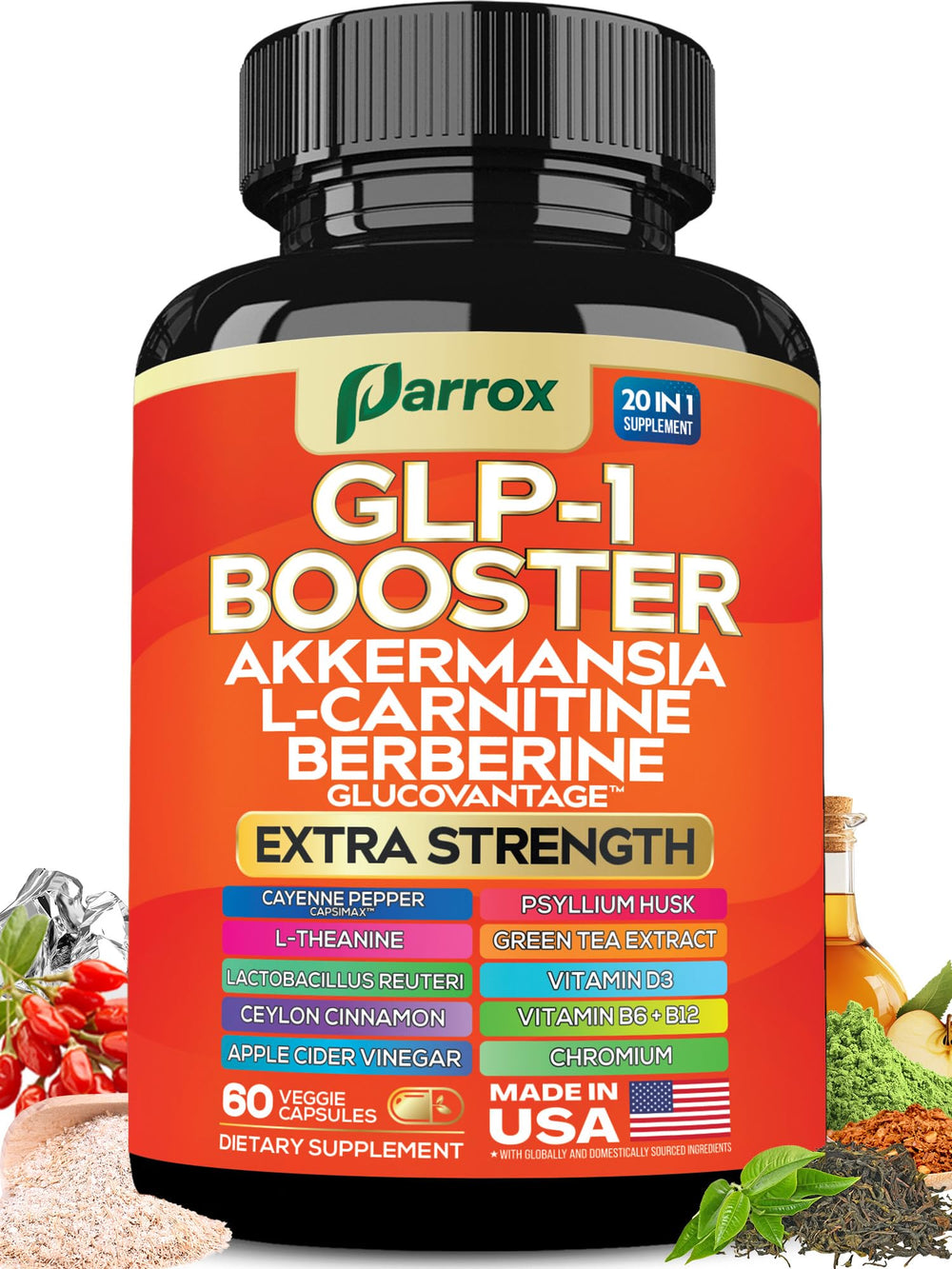 Parrox GLP-1 Booster bottle with label and 60 vegan capsules