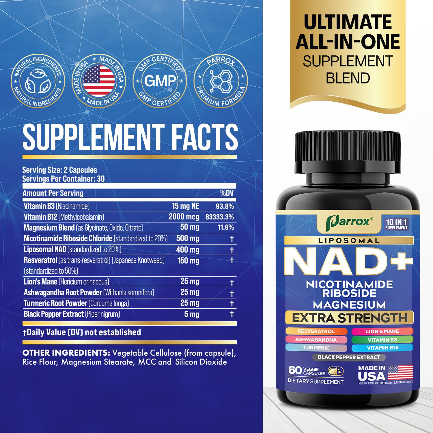 Close-up of Parrox NAD+ label highlighting liposomal NAD