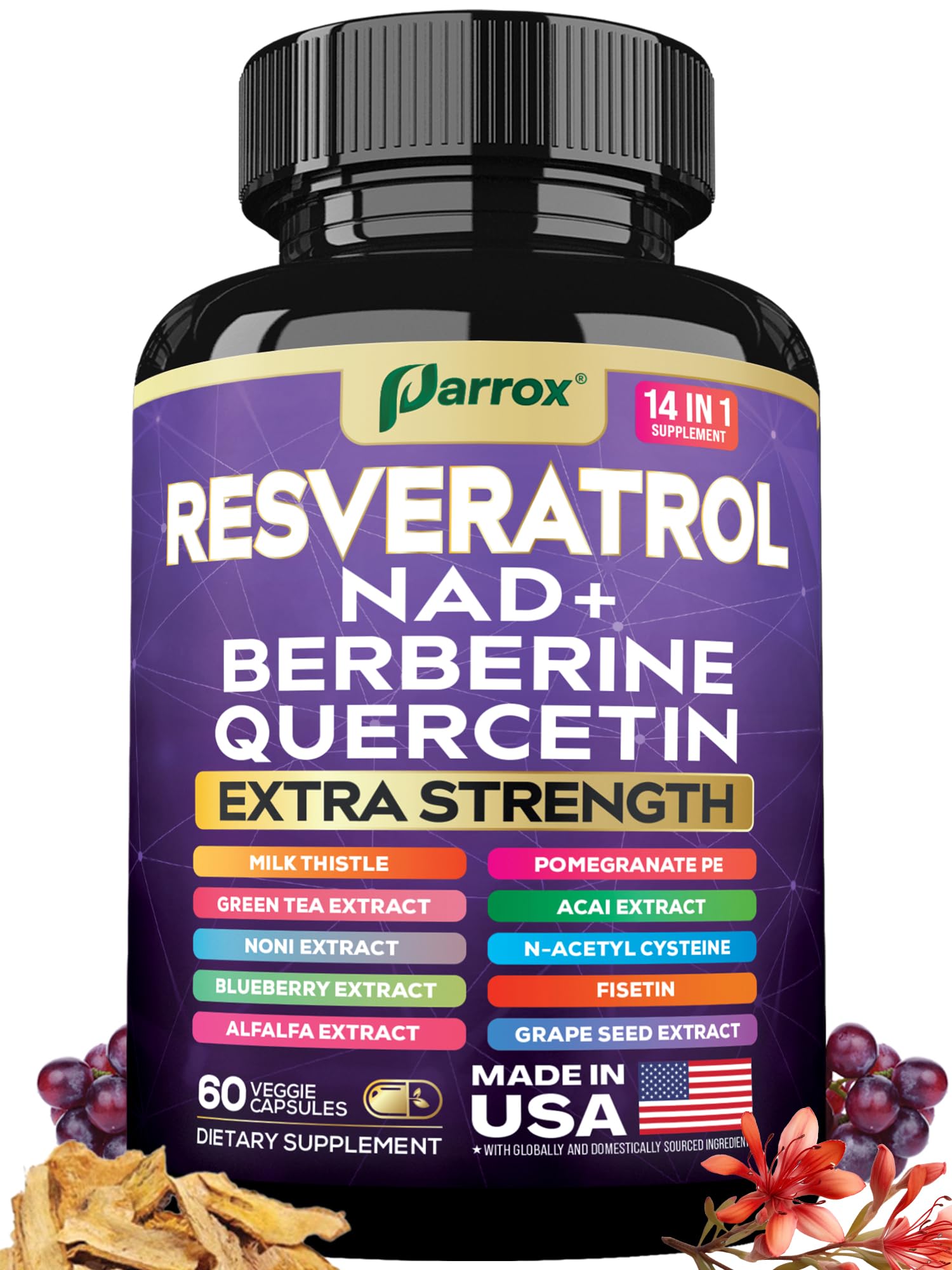 Parrox Resveratrol 14-in-1 bottle with Milk Thistle and NAC