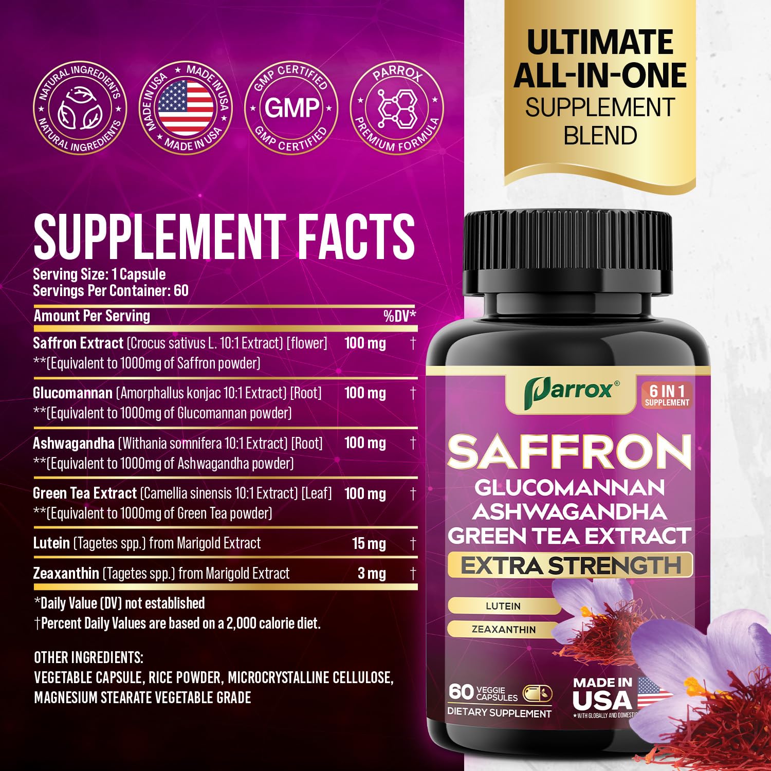 Diagram of Parrox Saffron 6-in-1 formula ingredients