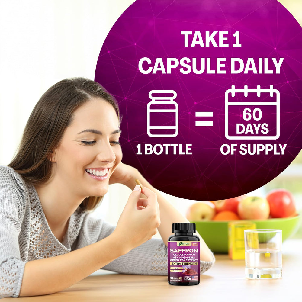 Parrox Saffron plant-based capsules in a bottle.