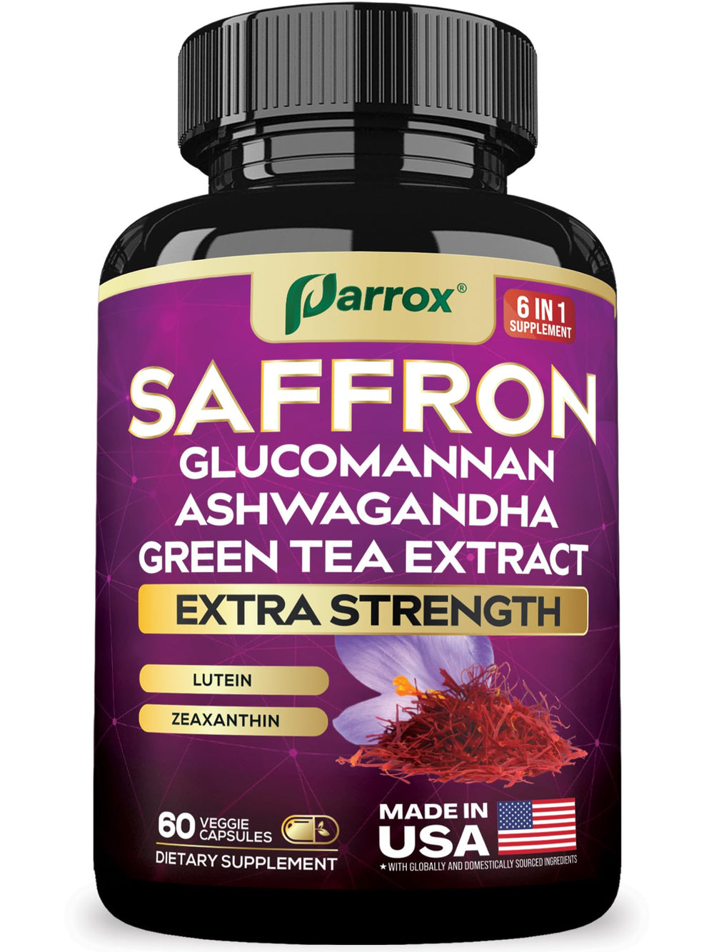 Parrox Saffron Vision Support bottle with 60 capsules.