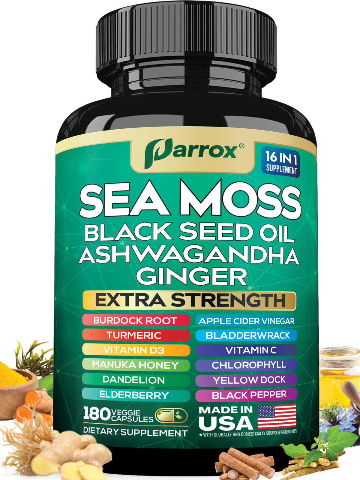 Bottle of Parrox Sea Moss 16-in-1 capsules with label