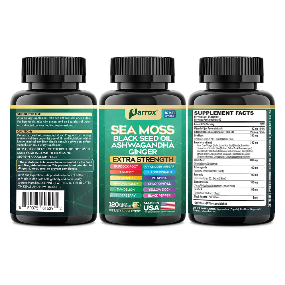 Front and side view of Parrox Sea Moss 16-in-1 Capsules bottle