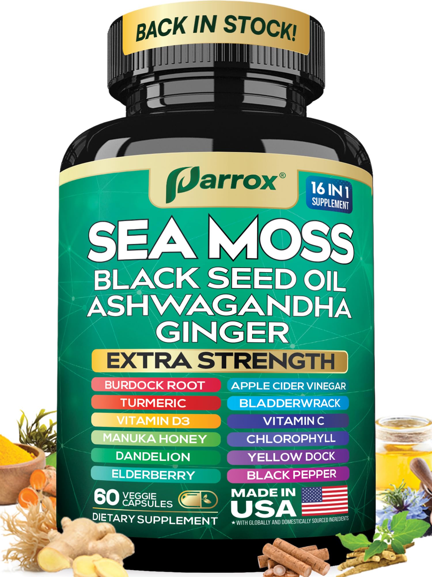 Parrox Sea Moss 60 Caps bottle – front view