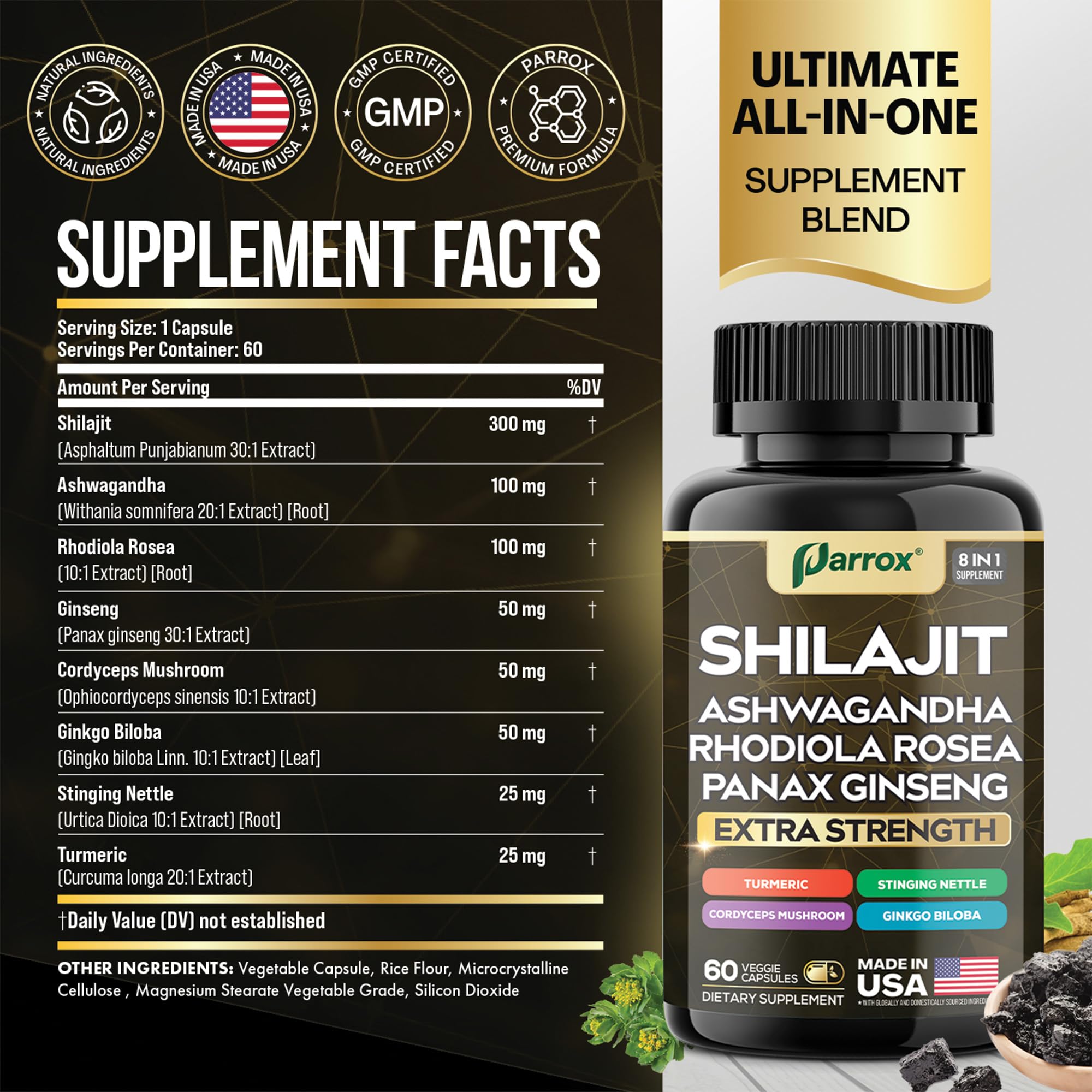 All-in-one Shilajit supplement ingredients display